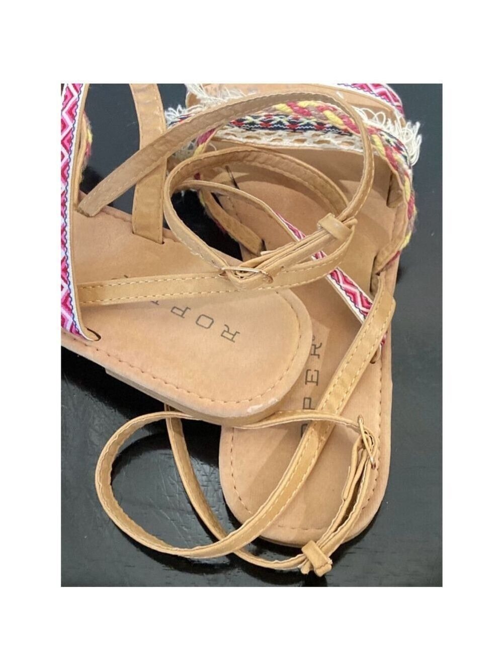 Roper Women's Sandals Tan Pink Blue Yellow Fringe Size 9 - Picture 8 of 11